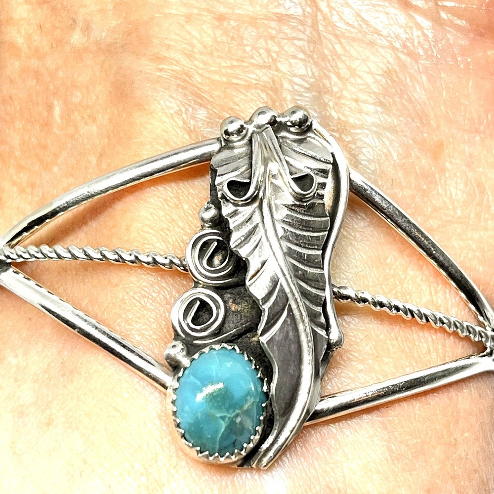 Navajo Turquoise Cuff Bracelet 6.5in Leaf Feather Signed RM Sterling 925 Native